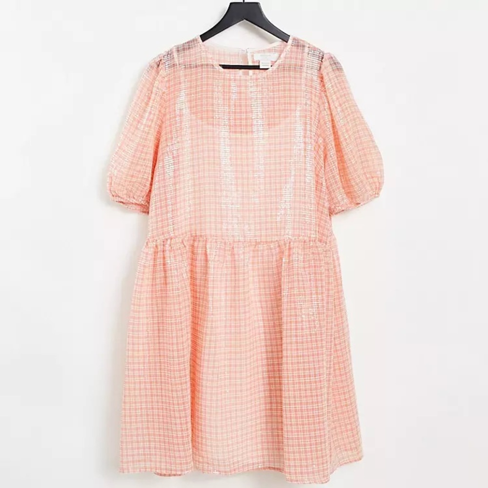Peach Gingham Mini Dress with Puff Sleeves